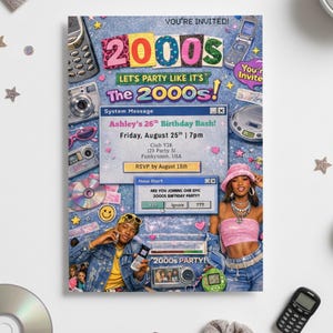 Bewerkbare Y2K-verjaardagsuitnodiging | Feestuitnodiging jaren 2000 | Retro pop-upstijl | Digitale uitnodiging | Thema begin jaren 2000