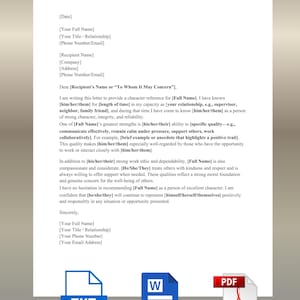 May include: A character reference document template with the title "Character Reference" at the top. The document includes fields for the date, the writer's and recipient's information, and a space for the reference letter. Icons for TXT, Word, and PDF files are at the bottom.