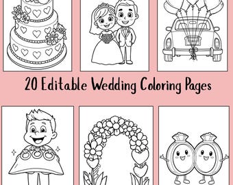 20 Editable Wedding Coloring Pages | Simple Kids Wedding Activity Book | Printable Wedding Coloring Pages Canva Template