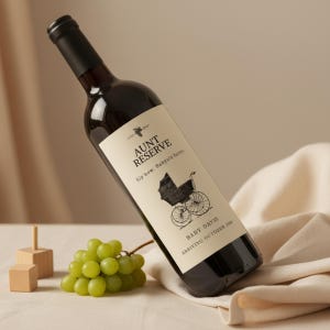 May include: Aunt Reserve wine bottle with a black label featuring a vintage baby carriage illustration. The label reads "Sip now. Babysit later." and "Baby Davis Arriving October 2024." A bunch of green grapes and wooden blocks are in the foreground.