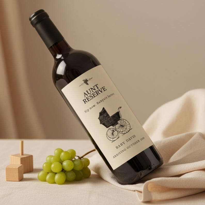 May include: Aunt Reserve wine bottle with a black label featuring a vintage baby carriage illustration. The label reads "Sip now. Babysit later." and "Baby Davis Arriving October 2024." A bunch of green grapes and wooden blocks are in the foreground.