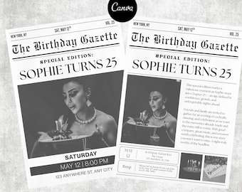 Geburtstag Zeitungseinladung Vorlage | Bearbeitbare Canva Geburtstagseinladung | Vintage Zeitungs-Geburtstag | 21. Geburtstag