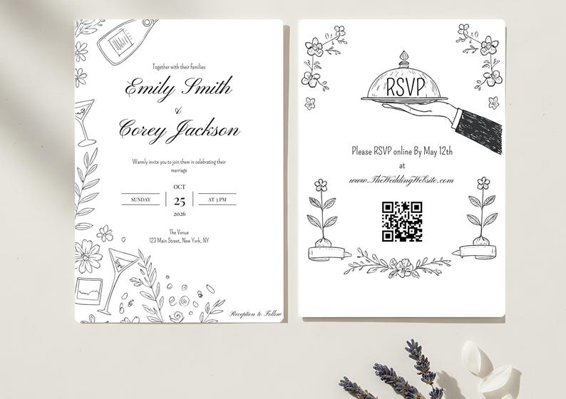 Editable Doodle Wedding Invitation Suite | Hand Drawn Line Art Set ...