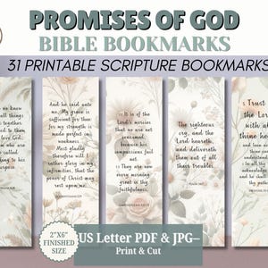 May include: A set of five printable Bible bookmarks with floral designs and scripture verses. Each bookmark is 2" x 6" and features a different quote from the Bible. The bookmarks are designed to be printed and cut.