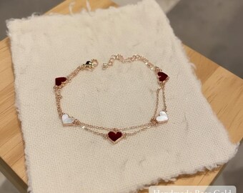 Pulsera de corazón de oro rosa para mujer, delicada pulsera con dije de amor, joyería minimalista de doble cadena con corazón, regalo romántico para ella.