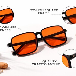 Puede incluir: Gafas de sol cuadradas negras con lentes de color naranja intenso. La imagen destaca la elegante montura cuadrada y la calidad de la artesan&iacute;a. El texto de la imagen dice "Bold Orange Lenses" y "Stylish Square Frame".