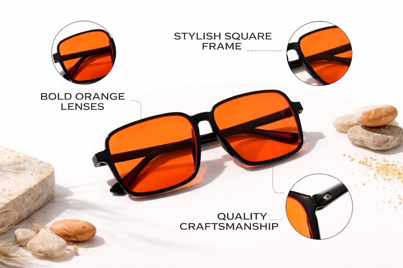 Puede incluir: Gafas de sol cuadradas negras con lentes de color naranja intenso. La imagen destaca la elegante montura cuadrada y la calidad de la artesan&iacute;a. El texto de la imagen dice "Bold Orange Lenses" y "Stylish Square Frame".