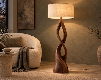 Twisted Wooden Floor Lamp with Linen Shade, Sculptural Standing Light for Organic Modern and Japandi Interiors