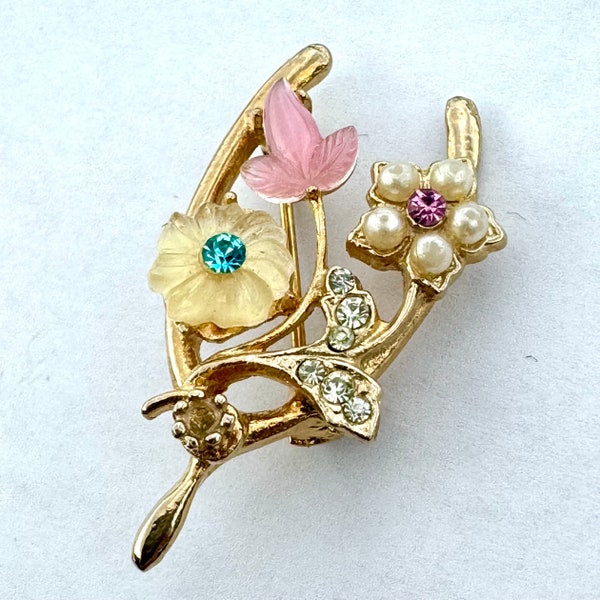 Vintage 50’s Coro Gold Tone Wishbone Flowers Rhinestones Faux Pearl Brooch Pin