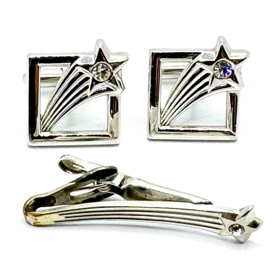 RARE PAIR 50’s Vtg Swank Silver Tone Tie Bar & Cu… - image 1