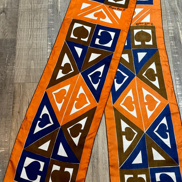 FABULOUS Vintage 60s Roger Van S Silk Scarf "Mr. R" Burnt Orange Polker Spade