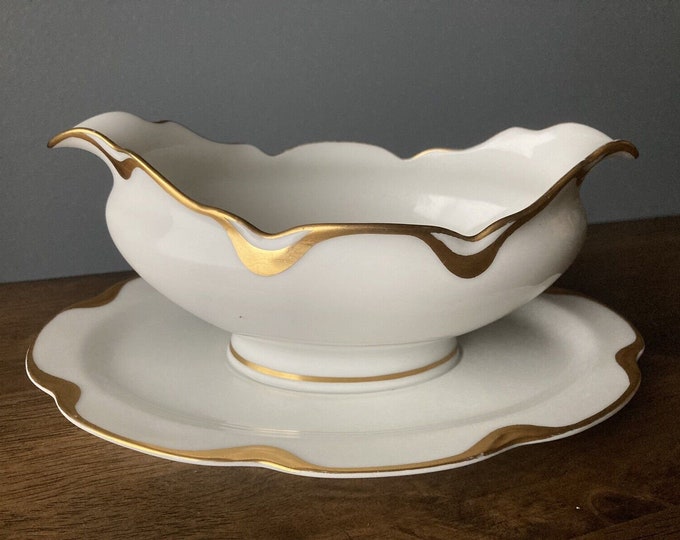 Vtg Haviland Limoges Gold Scallop Filigree Gravy Boat