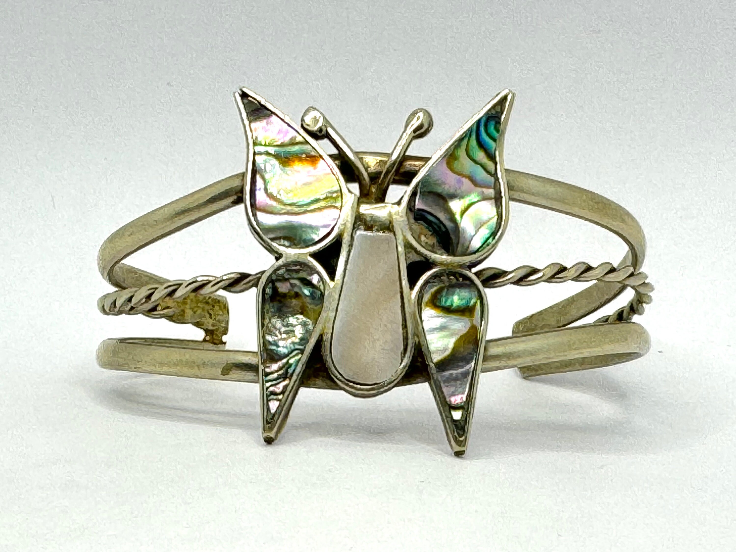 Vintage Silver Abalone Shell Butterfly Cuff Bracelet alpaca