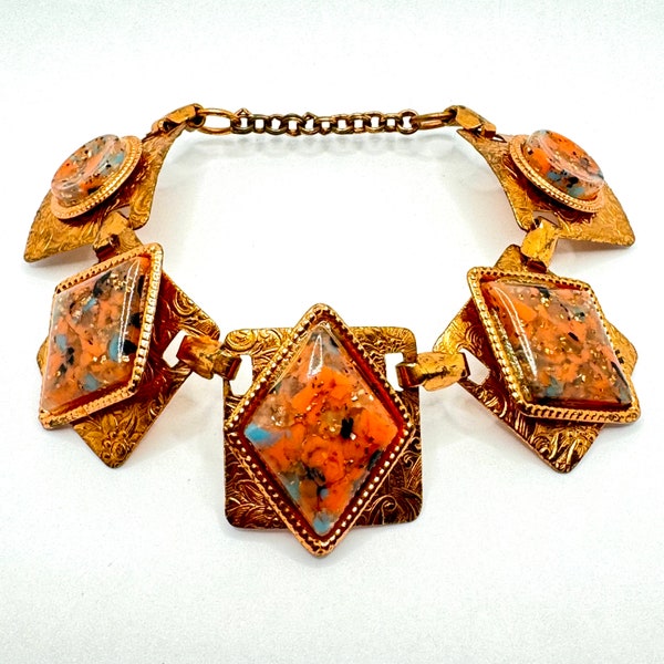 RARE Vtg 60's unsigned Selro Selini Copper Bracelet Coral Confetti Lucite Tribal