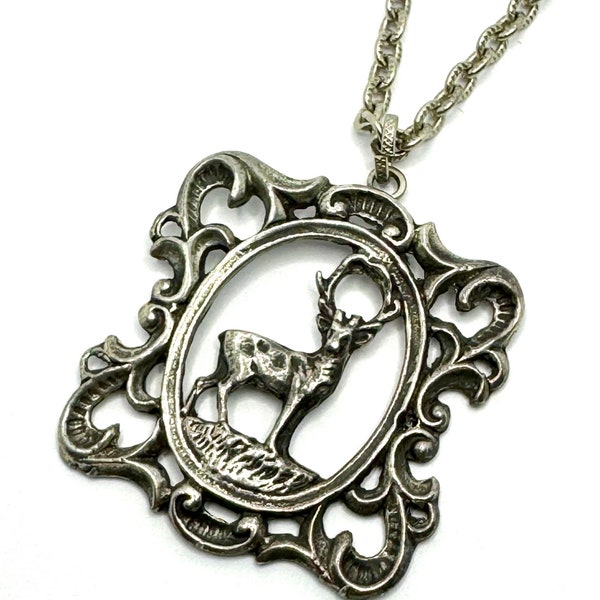 Vintage 60’s WESTERN Elk Deer Cameo Silver Tone Chain Pendant Necklace Jewelry