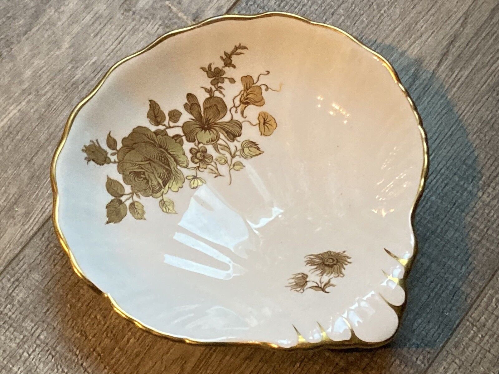 1950's Vtg BONE CHINA Gold Roses English Bone China Shell Dish