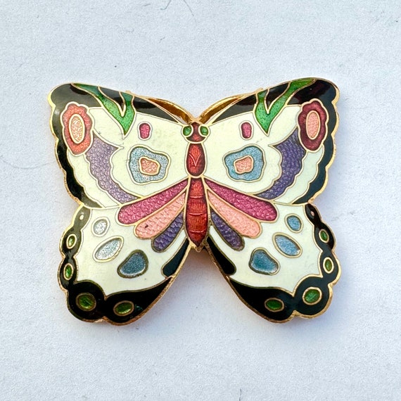 STUNNING Vintage Large Cloisonné BUTTERFLY Gold To