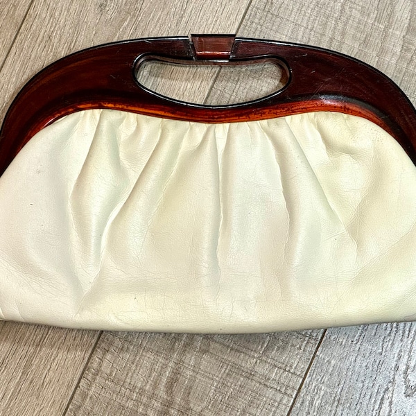 Vtg 50s Cream White Faux Leather Purse Lucite Tortoise Shell Handle Bag Made USA