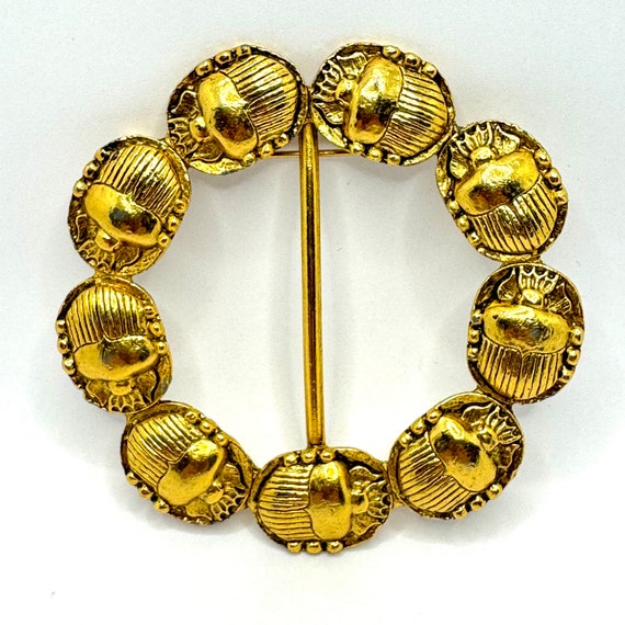 RARE!! Vtg Gold Tone EGYPTIAN SCARABS Brooch Buck… - image 1