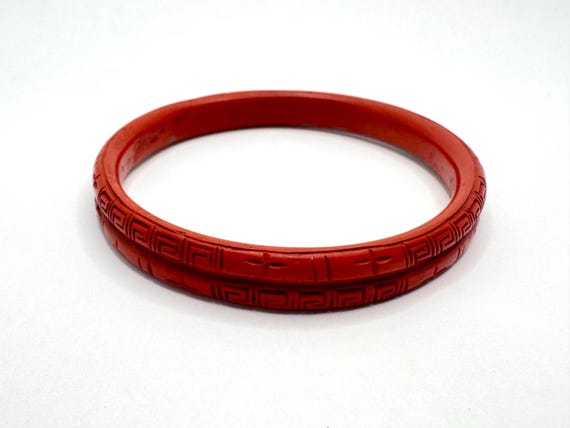 Antique Vintage Red Chinese Carved Cinnabar Bangle Bracelet Double Stack Style