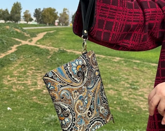 Handmade Moroccan Wristlet Bag, Boho Paisley Clutch Purse, Artisan Fabric Wallet, Unique Gift for Women, Travel Pouch, Premium Handmade Bag