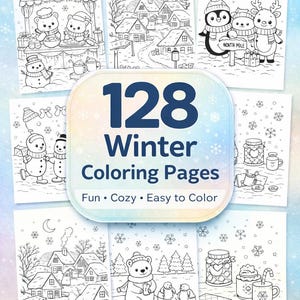 Puede incluir: Un conjunto de 128 páginas para colorear con temática invernal. Las ilustraciones presentan escenas invernales con muñecos de nieve, osos, casas y los textos "Hot Cocoa" y "North Pole". Las páginas están diseñadas para ser divertidas, acogedoras y fáciles de colorear.
