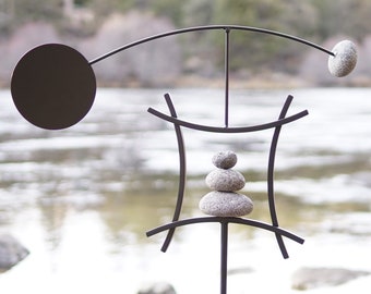 Garden Art Kinetic Wind Sculpture | Yard Art Metal Garden Decor with Rock Cairn | Relaxing Metal Art Wind Vane Spinner Zen Sculptures