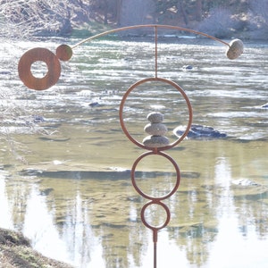 Kinetic Wind Spinner Zen Circles | Metal Modern Yard Art Garden Sculpture | Outdoor Iron Decor with Rock Cairn By Aura Life (Bare Steel)