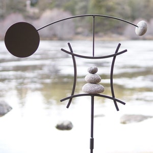 Garden Art Kinetic Wind Sculpture | Yard Art Metal Garden Decor with Rock Cairn | Relaxing Metal Art Wind Vane Spinner Zen Sculptures