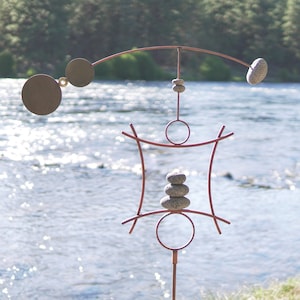 Garden Art Kinetic Wind Sculpture | Large Yard Art Metal Garden Decor with Rock Cairn | Relaxing Metal Art Wind Vane Spinner Zen Sculptures