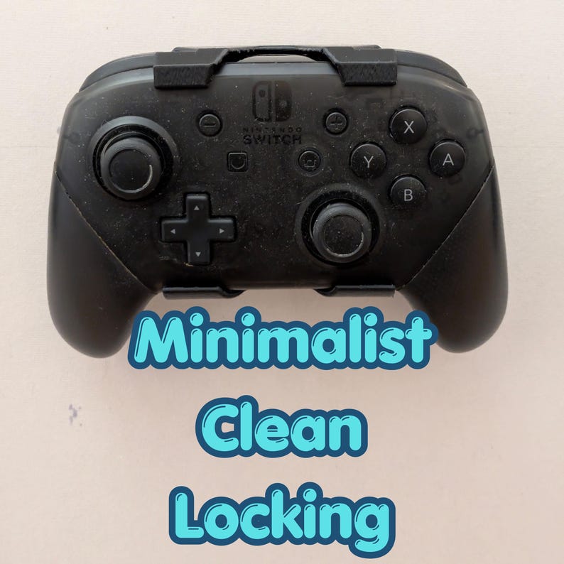 May include: Black Nintendo Switch Pro Controller with buttons labeled X, Y, A, and B. The controller has a D-pad, two analog sticks, and the Nintendo Switch logo. The text "Minimalist Clean Locking" is below the controller.