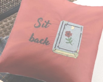 Embroidered Reading Pillow Cover – “Sit Back” Blue Book Design, Cozy Accent Home Décor