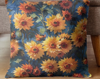 Kissenbezug mit Sonnenblume / 16x16 Kissen / Kissenbezug mit blauen und gelben Blumen