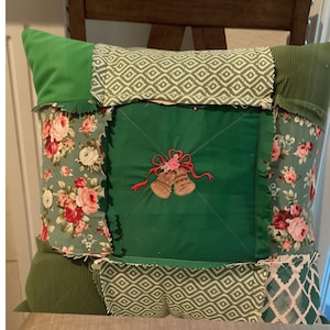 Quilted Patchwork Pillow Cover - Embroidered Bell Design - Floral Christmas Decor