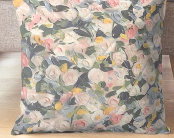 Blauer gesteppter Kissenbezug mit Blumenmuster - weiches Akzentkissen im Landhausstil - Umschlag oder Reißverschluss