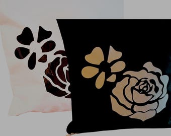 Schwarze oder weiße Rose / Daisy Vinyl Kissenbezug - Baumwollblumendruck