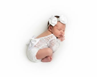 Pelele blanco de encaje para recién nacida con diadema de lazo, conjunto para fotos de bebé niña, conjunto para sesión de fotos de recién nacida, body de encaje para bebé, conjunto para la salida del hospital