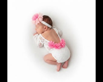 Newborn Baby Girl Photo Outfit, White Lace Romper with Pink Flower Back Detail, Newborn Photoshoot Outfit, Baby Girl Coming Home Outfit