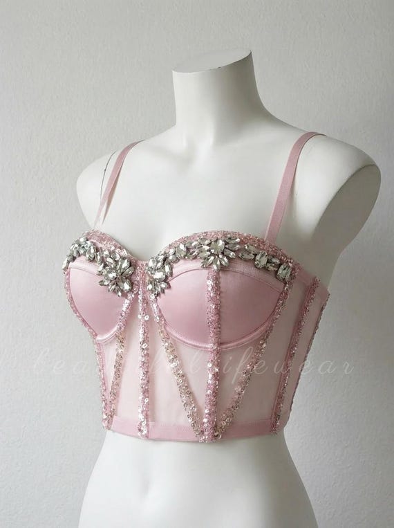 Sparkly Pink Rhinestone Bustier, Barbiecore Bridal Corset Top, See