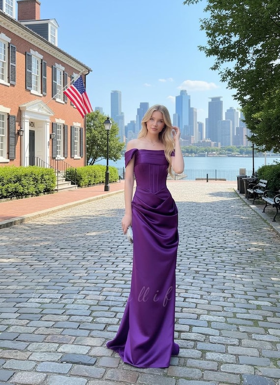 purple dress for 18th birthday Elegant Satin Mermaid Gown With Boning, Detachable Shoulder Sleeves – Birthday, Proms, and Wedding Parties which makes it light