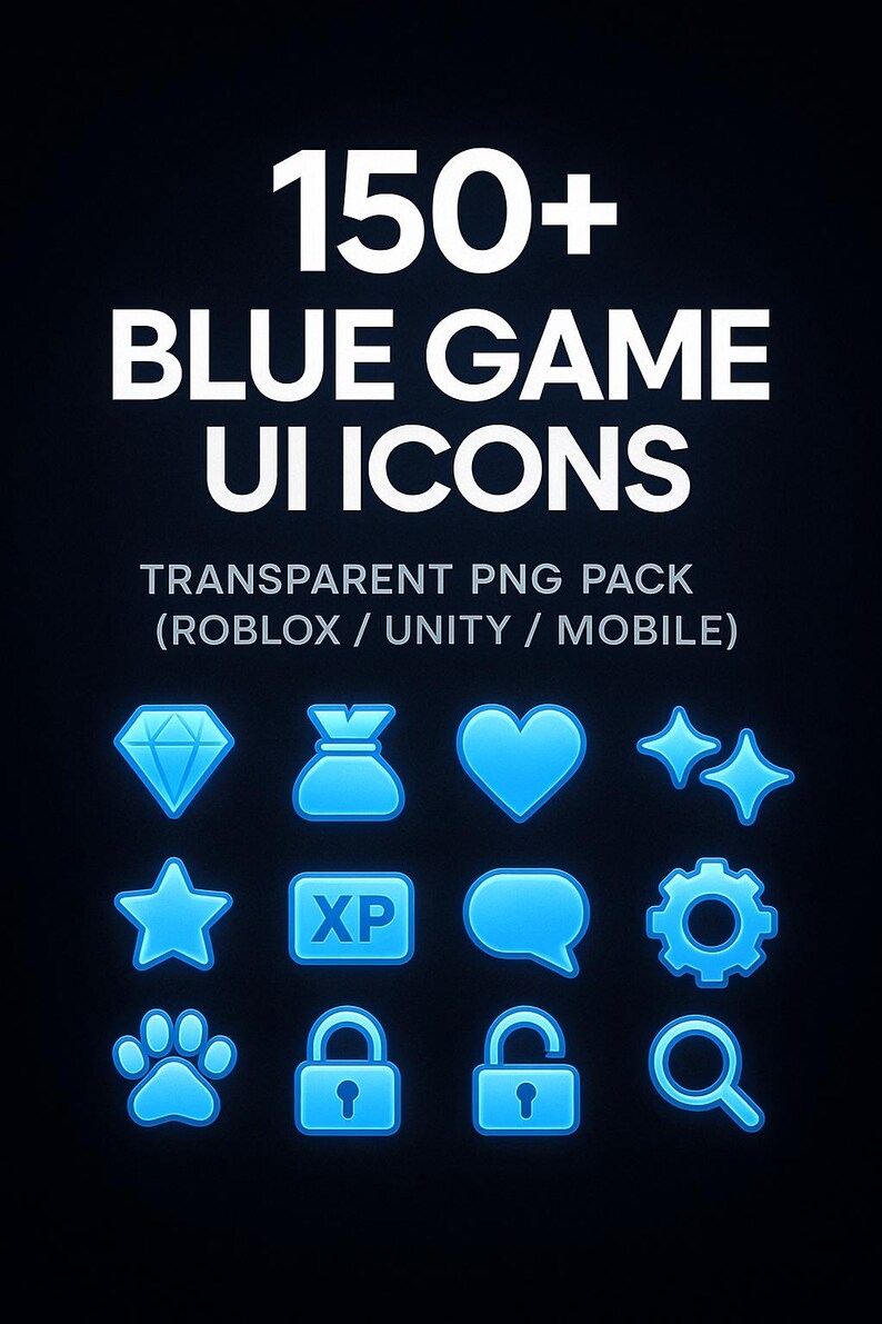 Blue Game UI Icons PNG Pack | 150+ Transparent Icons (digital Download ...