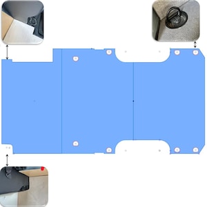 May include: A light blue, flat, rectangular floor panel template with cutouts and circular mounting holes. Three inset photos show the panel installed in a vehicle, highlighting the fit around interior trim and metal tie-down anchor points.