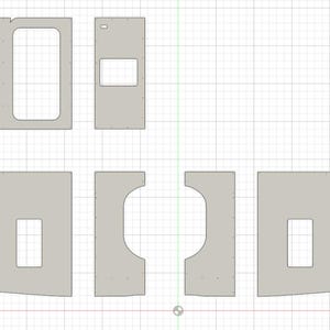 Puede incluir: Un diagrama esquemático de varios paneles de madera grises rectangulares con formas recortadas. Los paneles varían en tamaño y tienen aberturas rectangulares y curvas. El diseño está sobre un fondo de cuadrícula.