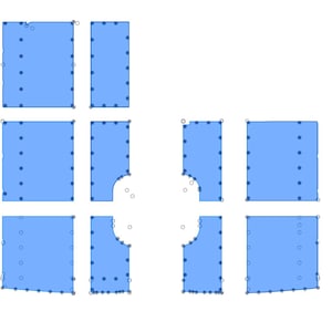 May include: A collection of eight light blue rectangular fabric pattern pieces arranged in a grid-like layout. Each piece features a series of small dark blue dots along the edges, with two central pieces containing semi-circular cutouts.