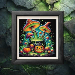May include: A framed art print featuring a Halloween-themed illustration. The artwork depicts a cauldron overflowing with green liquid, surrounded by orange and red mushrooms and pumpkins. The background is black with colorful accents.