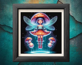 Mushroom Alien Girl Cross Stitch Pattern – Neon Alien with Toadstool – Space Fantasy – PDF Download