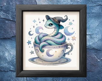 Zauberhaftes Schlangen Kreuzstichmuster – Magische Teetasse & himmlischer Mond – Mystische Fantasie – PDF Download