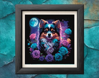 Colorful Dog Cross Stitch Pattern – Galaxy Moon & Roses – Mystical Pet – PDF Download