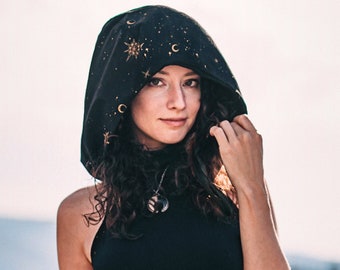 Celestial Dust Mask Hoodie ~ Crop Top with, Face Mask ~ Elven Forest, festival clothing, face covering, flow clothes, love