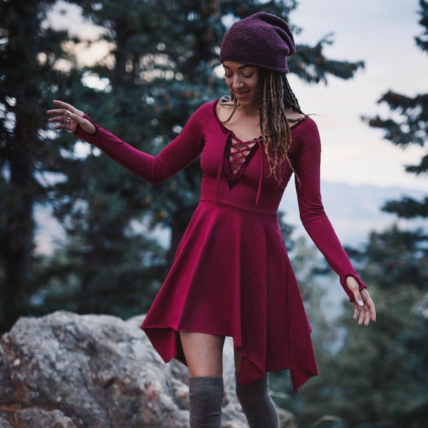 Velvet Lace-Up Pixie Dress ~ Fit and Flare Pixie Skirt ~ Long Sleeves and Thumbholes ~ Elven Forest, Winter dress